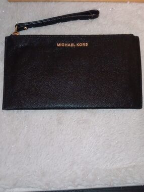 Michael Kors Black Leather Wrist Strap Pouch with Gold Logo